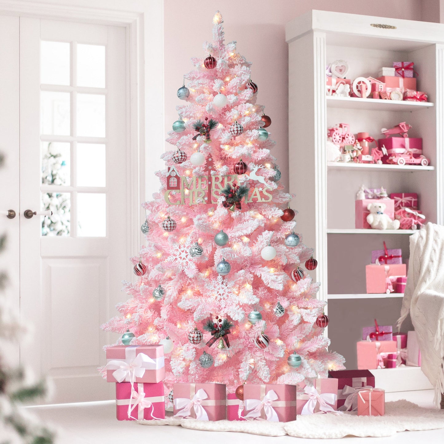 6.5ft Pre lit Snow Flocked Pink  Artificial Christmas Tree with Lights