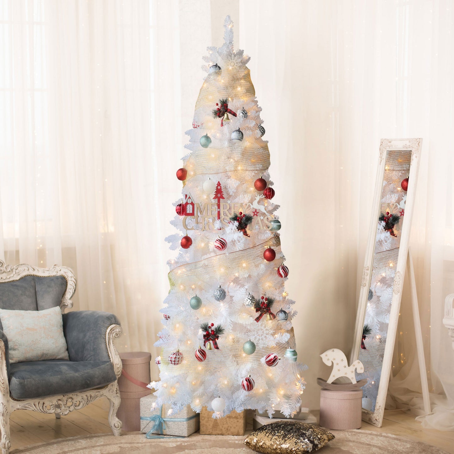 7ft Pre-Lit White Pencil Artificial Christmas Tree  for Home Holiday Decor.